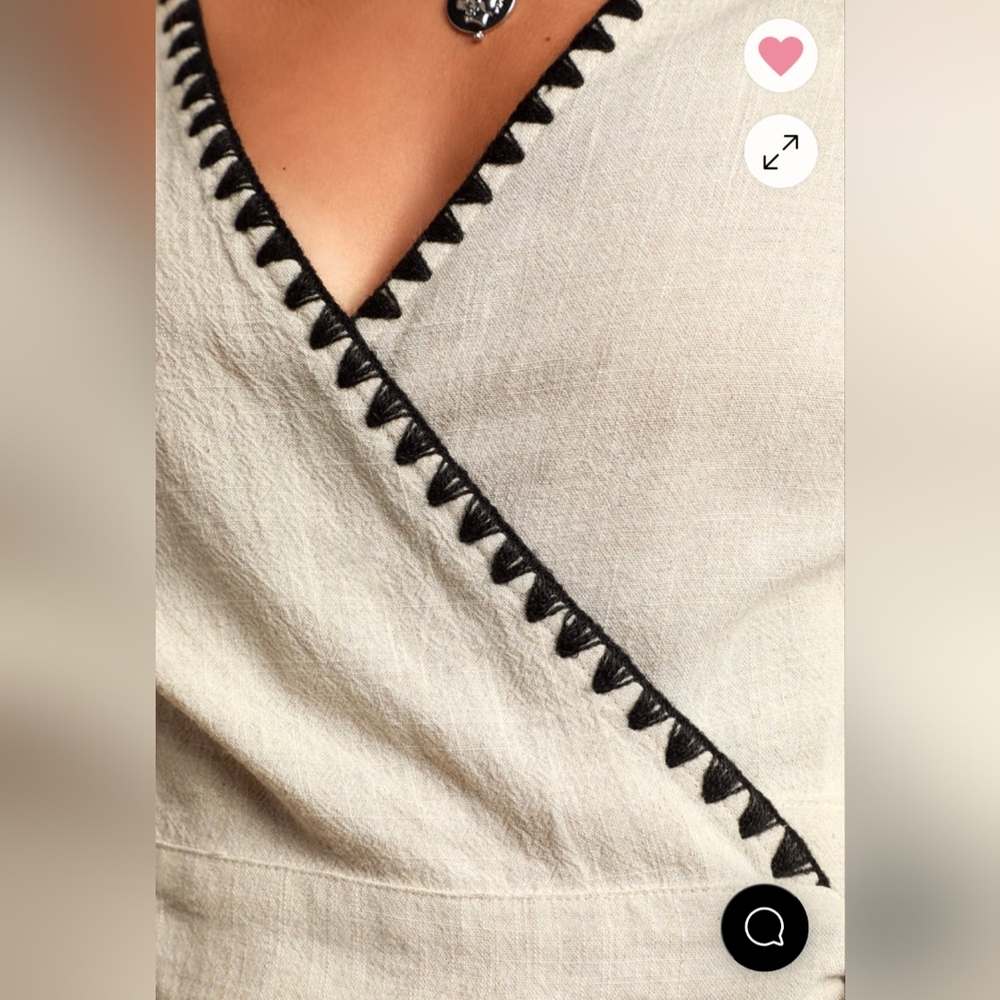 Lulu's Allamenda Beige Wrap Blouse with Black Edging. Small - Picture 3 of 6